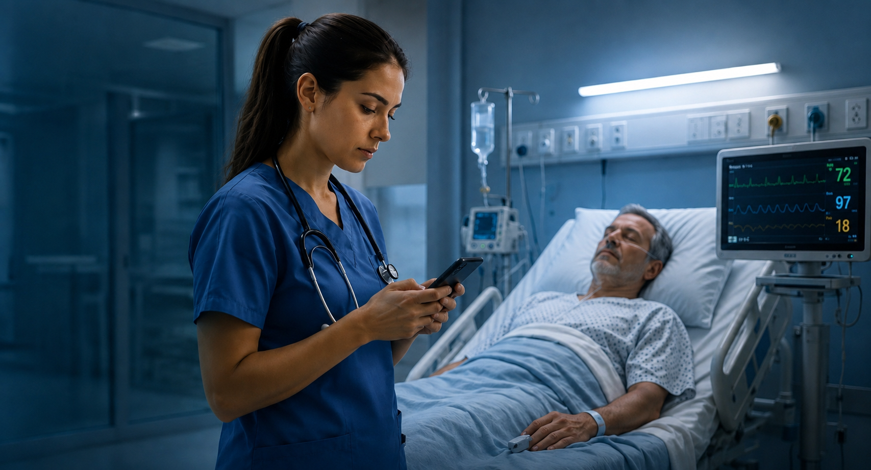 Enfermeira usando o celular ao lado de um paciente hospitalizado